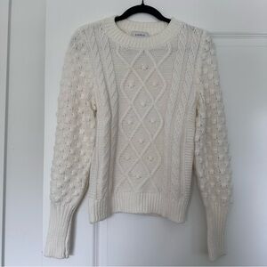 Evereve (XS) Creamy White Cable Knit Crewneck Pullover Sweater- Ribbed Detailing